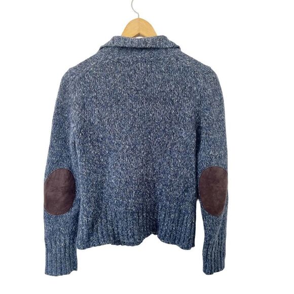 Eddie Bauer Blue Marled Elbow Patch Collared Wool Blend Cardigan Sweater - Picture 2 of 7